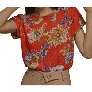 Lauren Ralph Lauren Red Floral Paisley 100% Linen Blouse Women MED Chic Soignee